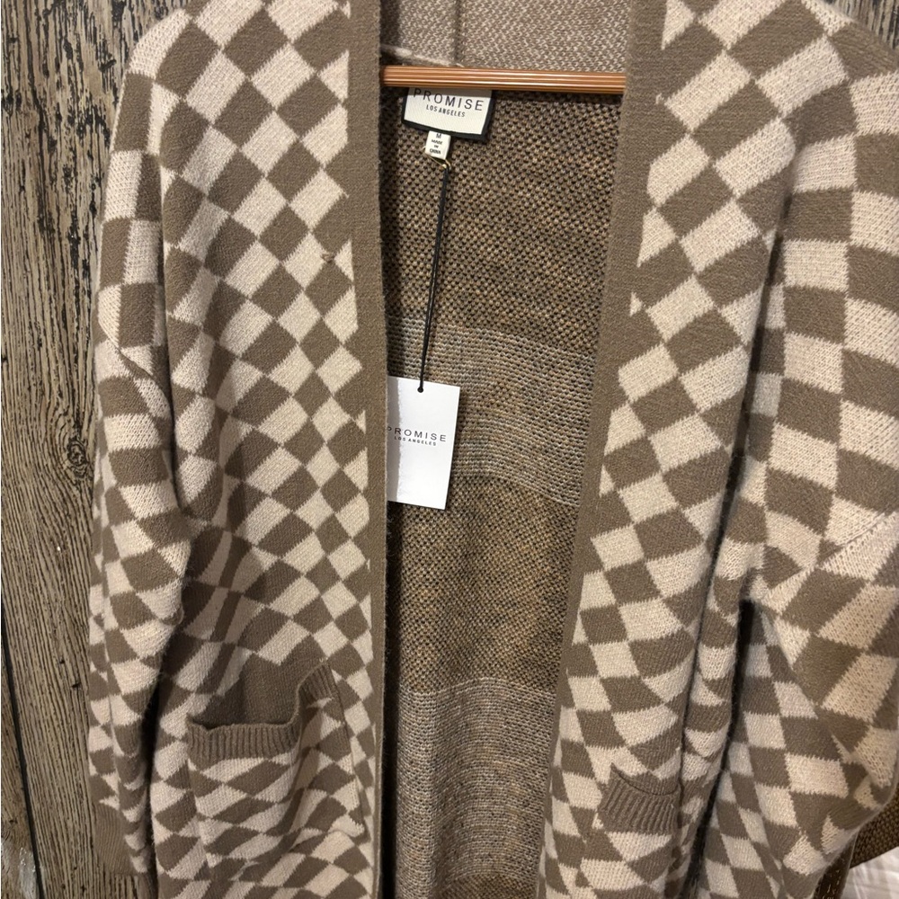 Promise brown and Cream Checkered Cardigan! Womens Med!! nwt